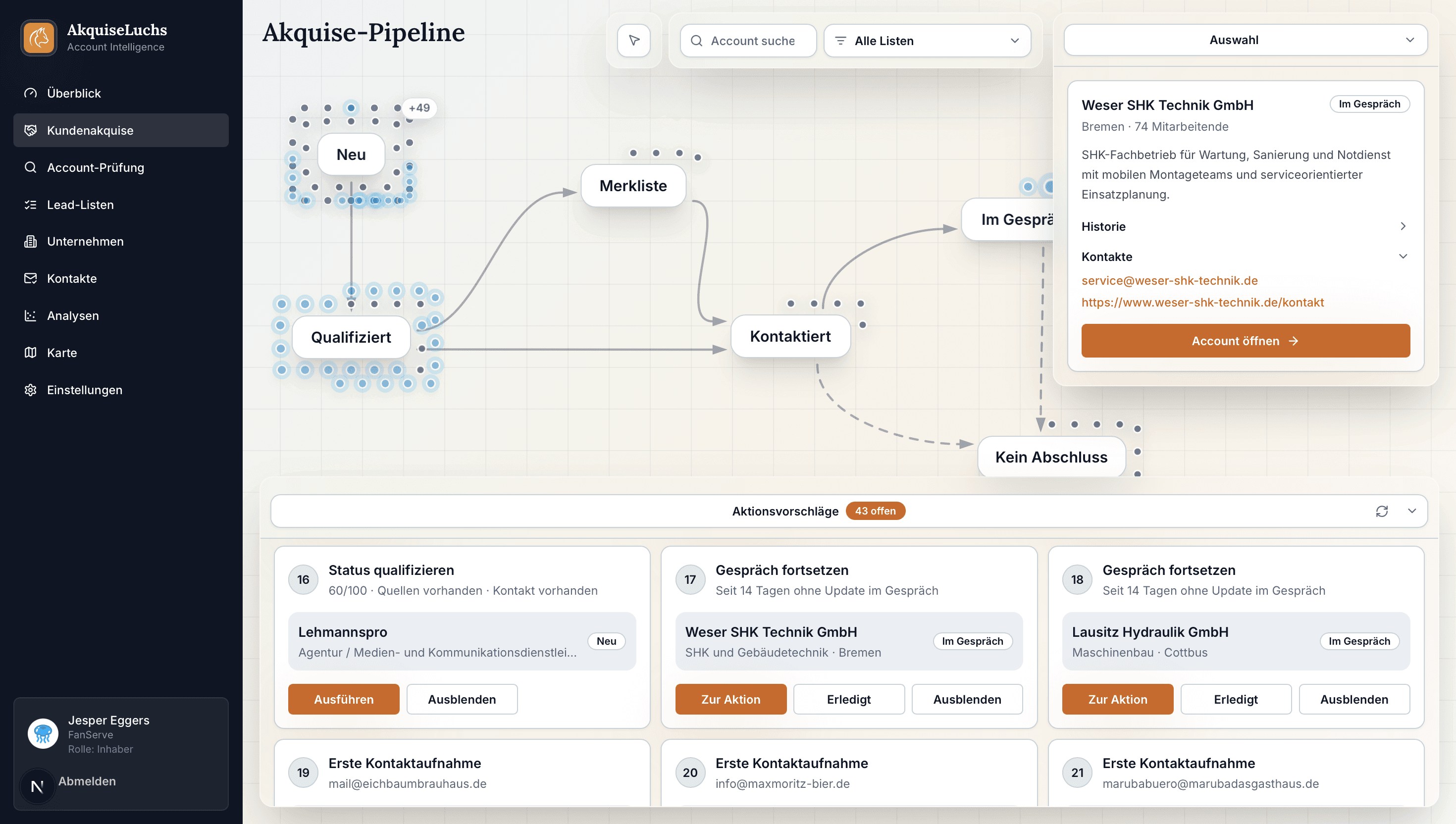 AkquiseLuchs Pipeline mit Account-Clustern, Status-Auswahl und Aktionsvorschlägen